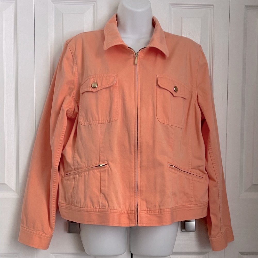 Chaps Denim Sherbert‎ Orange Zip Up Denim Jacket Size XL